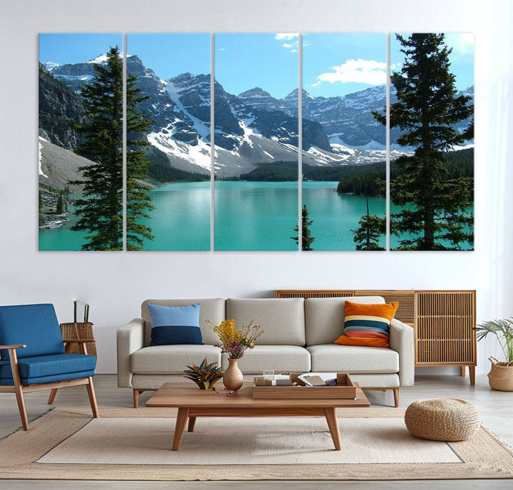 Canadian Rockies Moraine Lake Landscape Canvas Print showcasing a turquoise lake and mountain view.