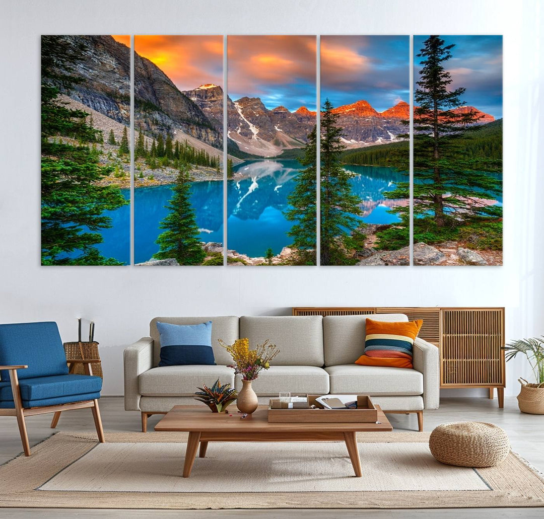 A kitchen featuring a Canadian Rockies Moraine Lake Wall Art Canvas Print displayed on the wall.