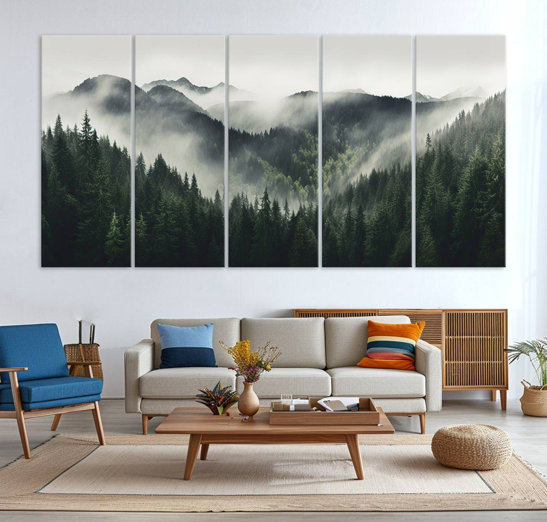 Serene and mystical landscape of misty mountains and dense evergreens, ideal for a Misty Mountain Forest Canvas Wall Art Print.