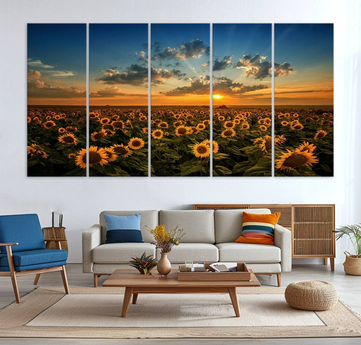 The dining area features the Sunflower Field Sunset Wall Art Canvas Print.