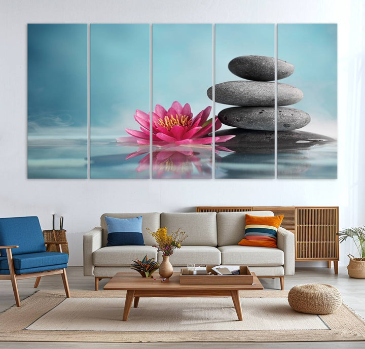 The dining room features a Zen Serenity Triptych wall art, showcasing a calming depiction of lotus flowers and balancing stones.