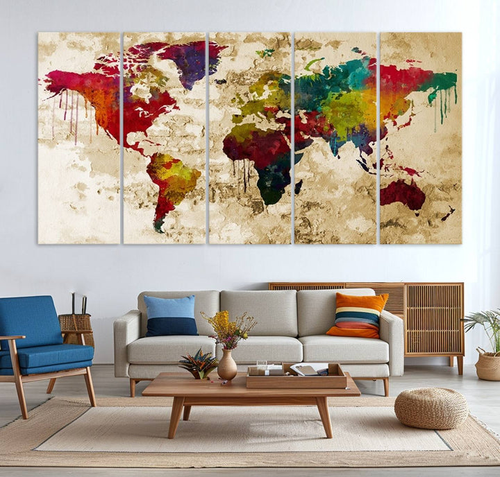 Wall Art World Map Canvas Print Rainbow Colored Vintage Style World Map