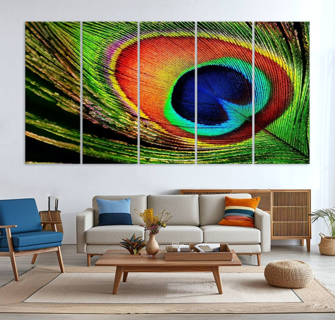 The Colorful Peacock Feather Wall Art Print graces the wall.