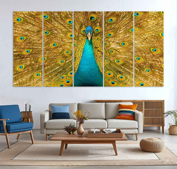 The Peacock Wall Art Canvas Print adorns a bright wall.