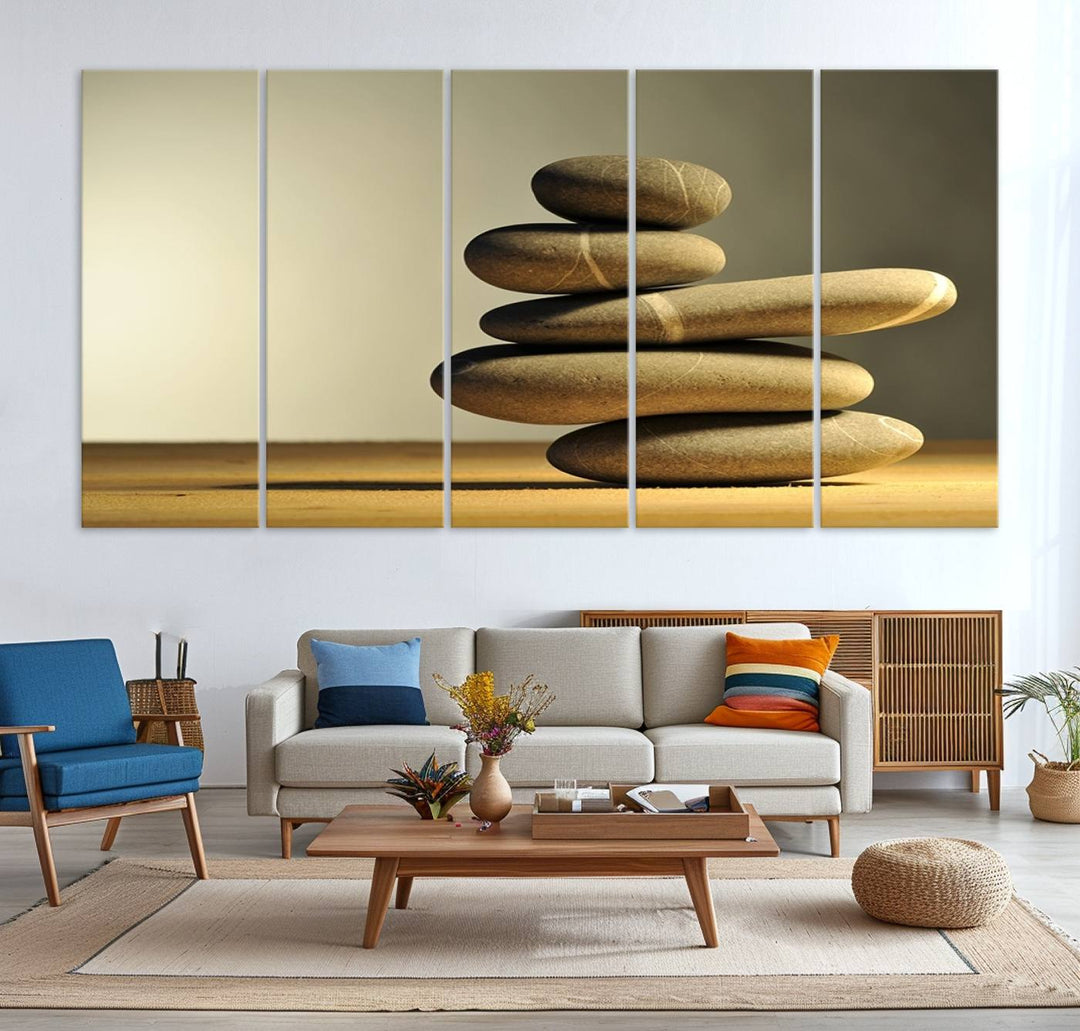 The Yellow Zen Stones on Yellow Background Wall Art is a striking feature in this minimalist kitchen.