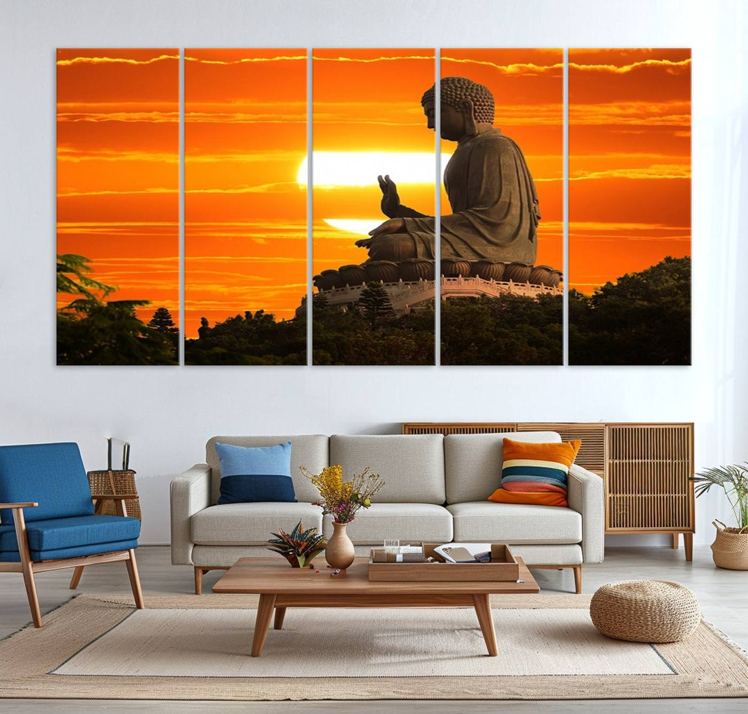 The Buddha Statue at Sunset canvas print adds serenity to the space.