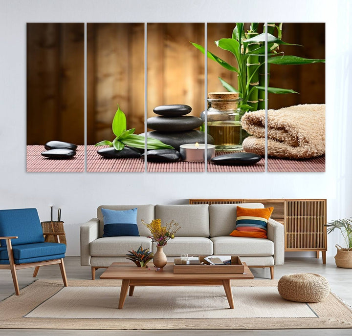 Zen Serenity Triptych Canvas Art: Pink Lotus Flower and Stones, Tranquil Water Lily Print, creating a peaceful spa ambiance.