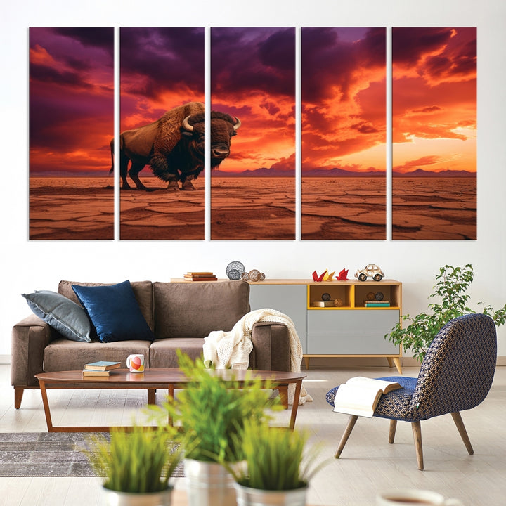 Alone Buffalo on Red Sunset Wall Art Canvas Print