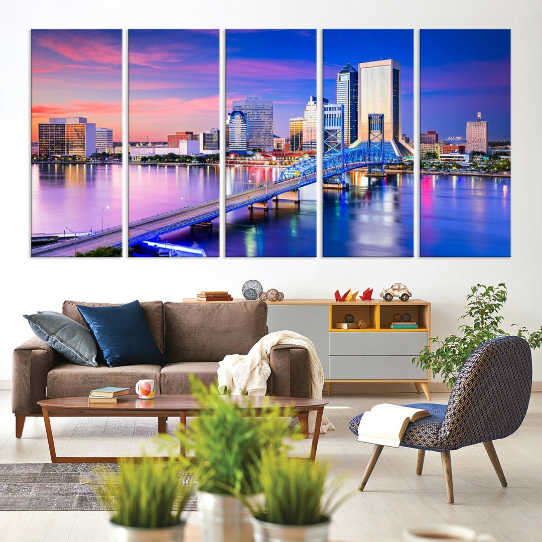 The Jacksonville Wall Art Canvas Print, showcasing the Jacksonville cityscape over a river at sunset, is elegantly crafted on museum-quality canvas with a UV-protective coating. Ready to hang, it elevates your space with its sophisticated charm.