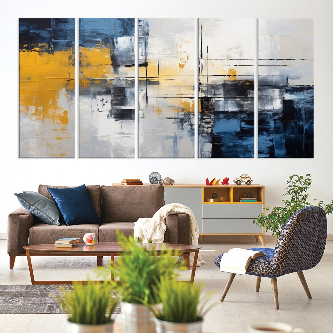 The Yellow Orange Blue Abstract Wall Art Print on gallery-wrapped, museum-quality canvases adds a vibrant touch to the room.