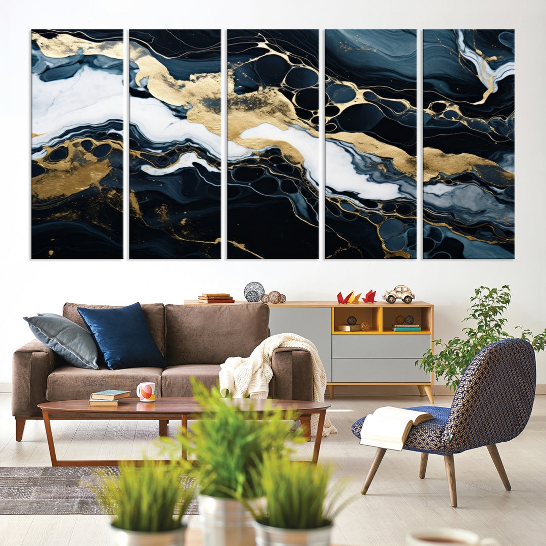 Fluid Marble Abstract Wall Art Print, a contemporary piece with black, white, and gold swirls on museum-quality canvas.