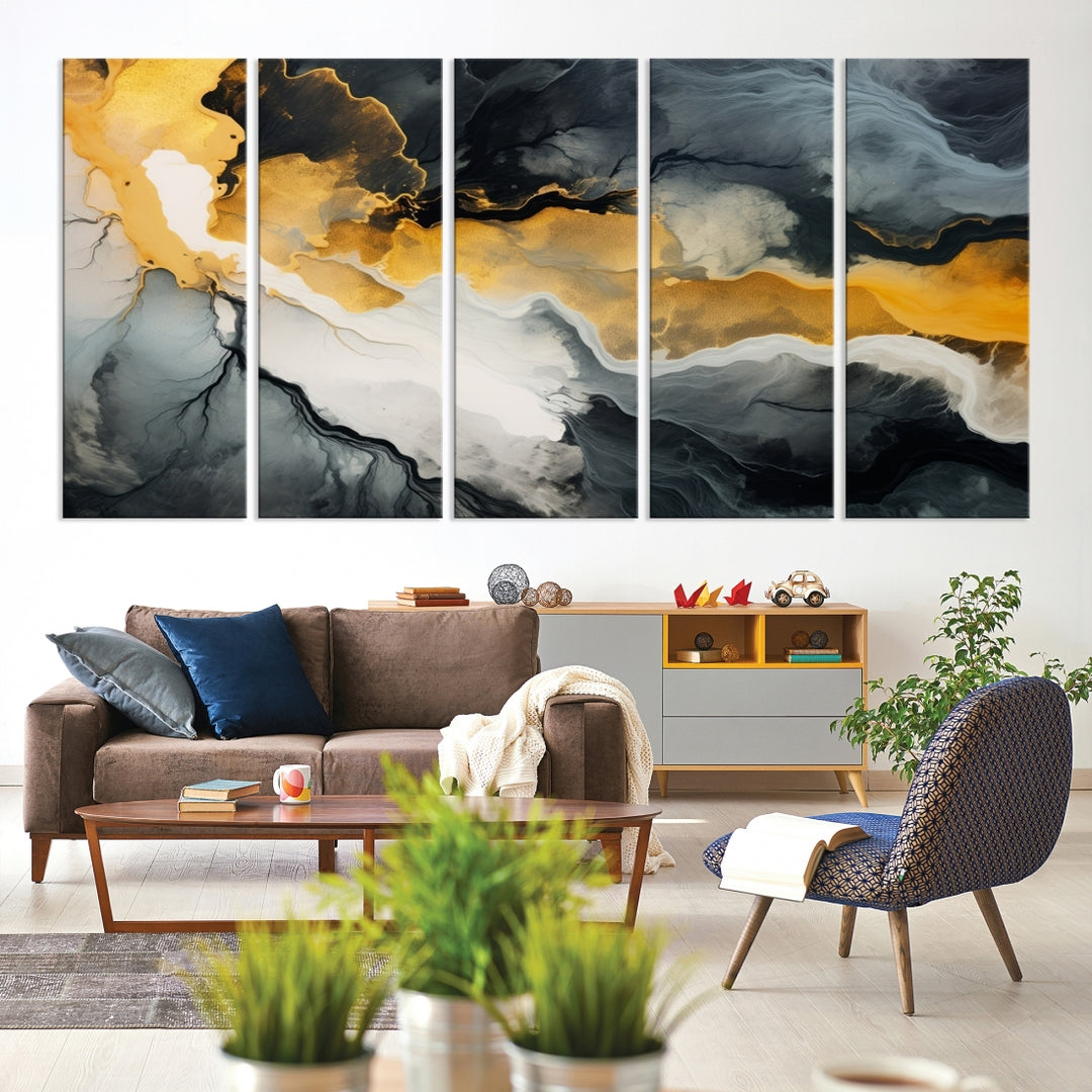 The Smoke Gray Green Golden Abstract Contemporary Art Canvas beautifully enhances a modern living room. Created on museum-quality canvas, this ready-to-hang artwork guarantees longevity and sophistication, perfectly aligning with the contemporary aesthetic.