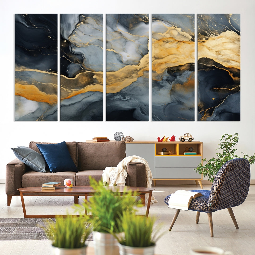 The living room features the Golden Gray Abstract Wall Art Print Contemporary Art Canvas Design, a triptych showcasing gold, black, and gray swirls. Crafted on museum-quality canvas and ready to hang, this piece is designed for elegance and durability.