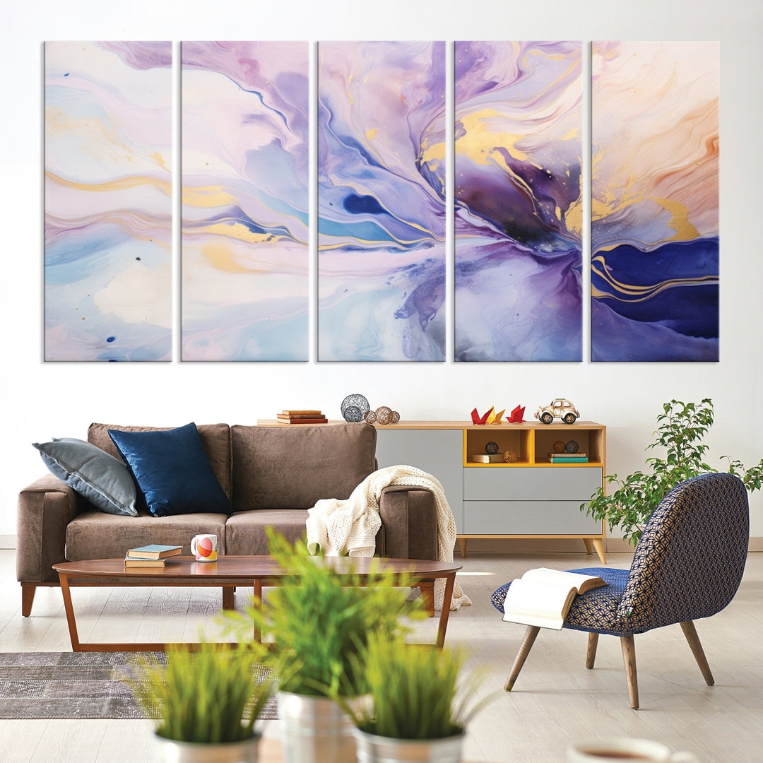 In the modern living room, a captivating Purple Color Abstract Wall Art Print graces the walls, mounted on museum-quality canvas, infusing the space with an artistic flair.