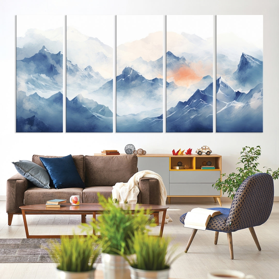 Blue Orange Abstract Mountain Wall Art