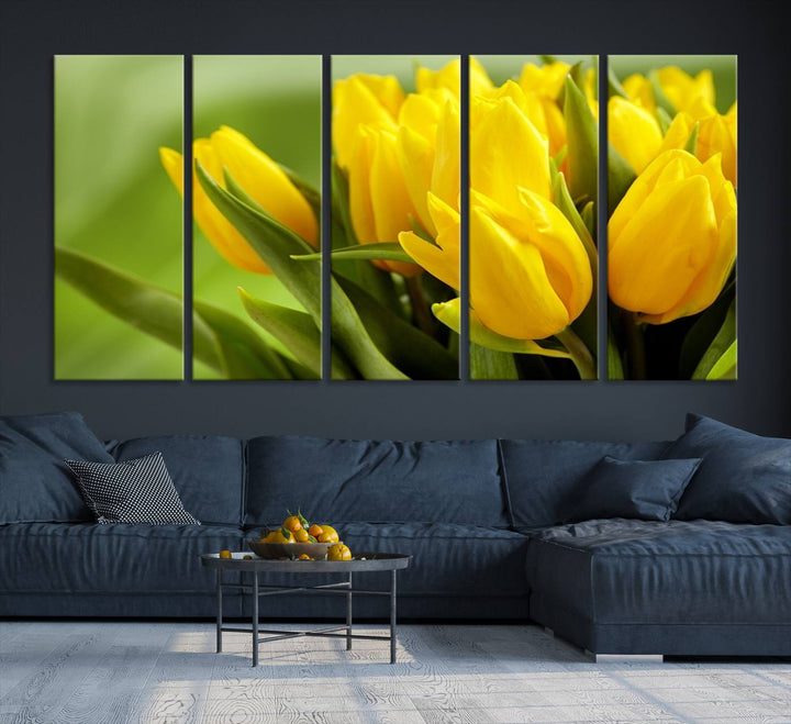 The Wall Art Yellow Tulips Canvas Print on a green background is featured.