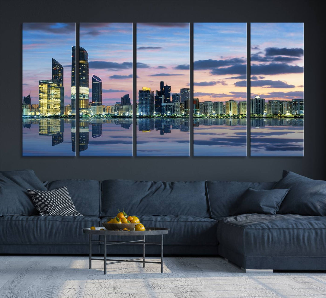 A gallery-quality wall art canvas print captures the Dubai city skyline with skyscrapers reflected in water at sunset.