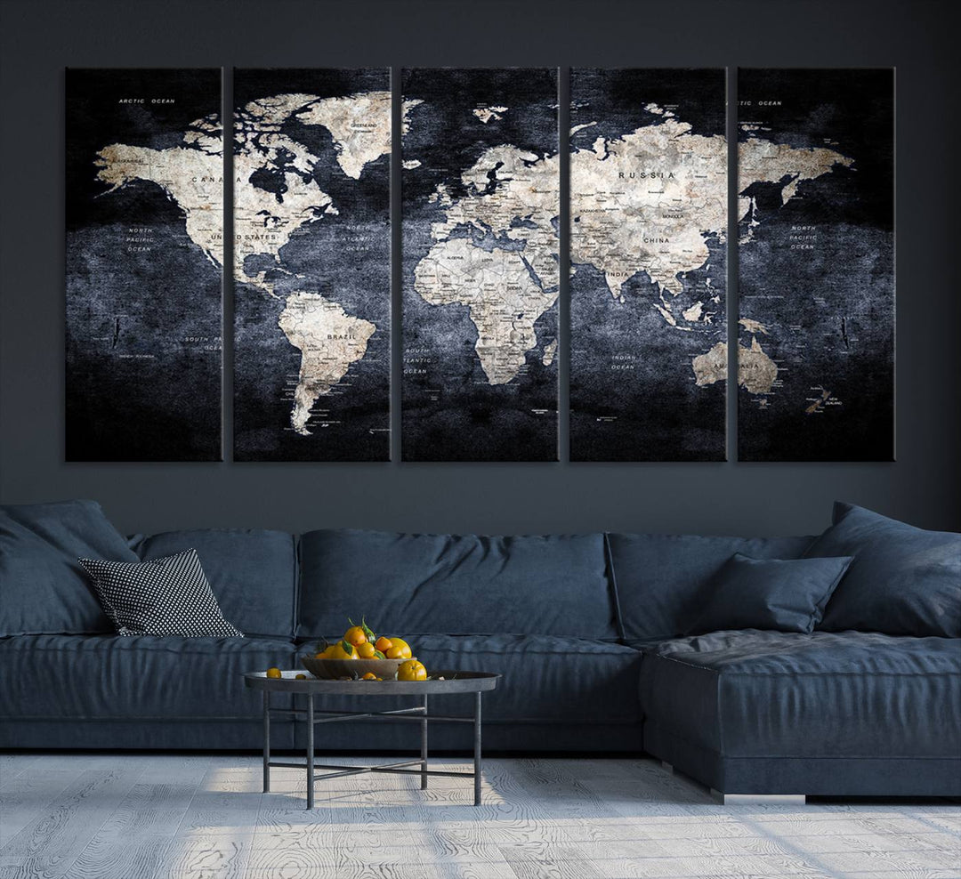 Rustic Black and Bronze World Map Canvas Triptych features white continents on a grunge-stained background.