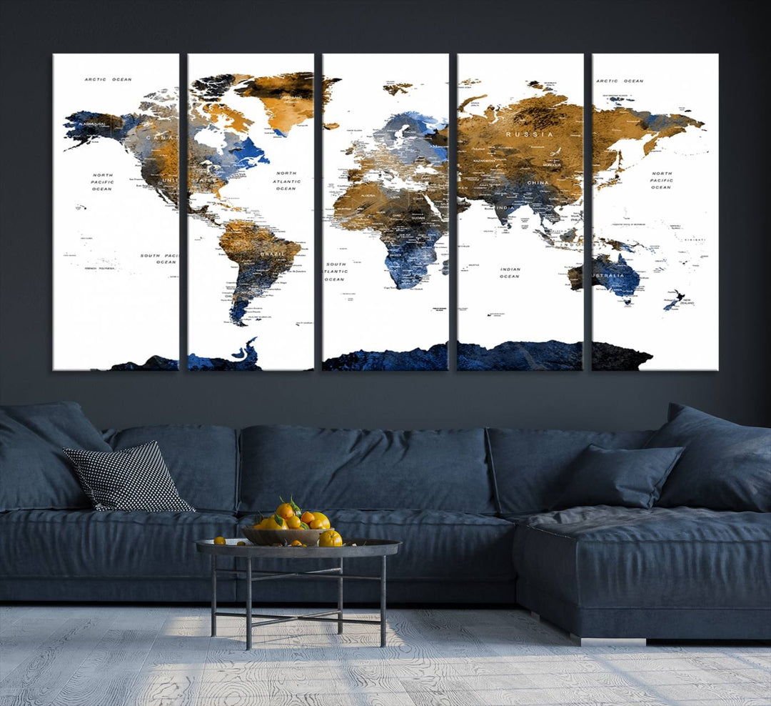 The Watercolor World Map Canvas showcases a grunge-stained background in gold, gray, and blue hues.