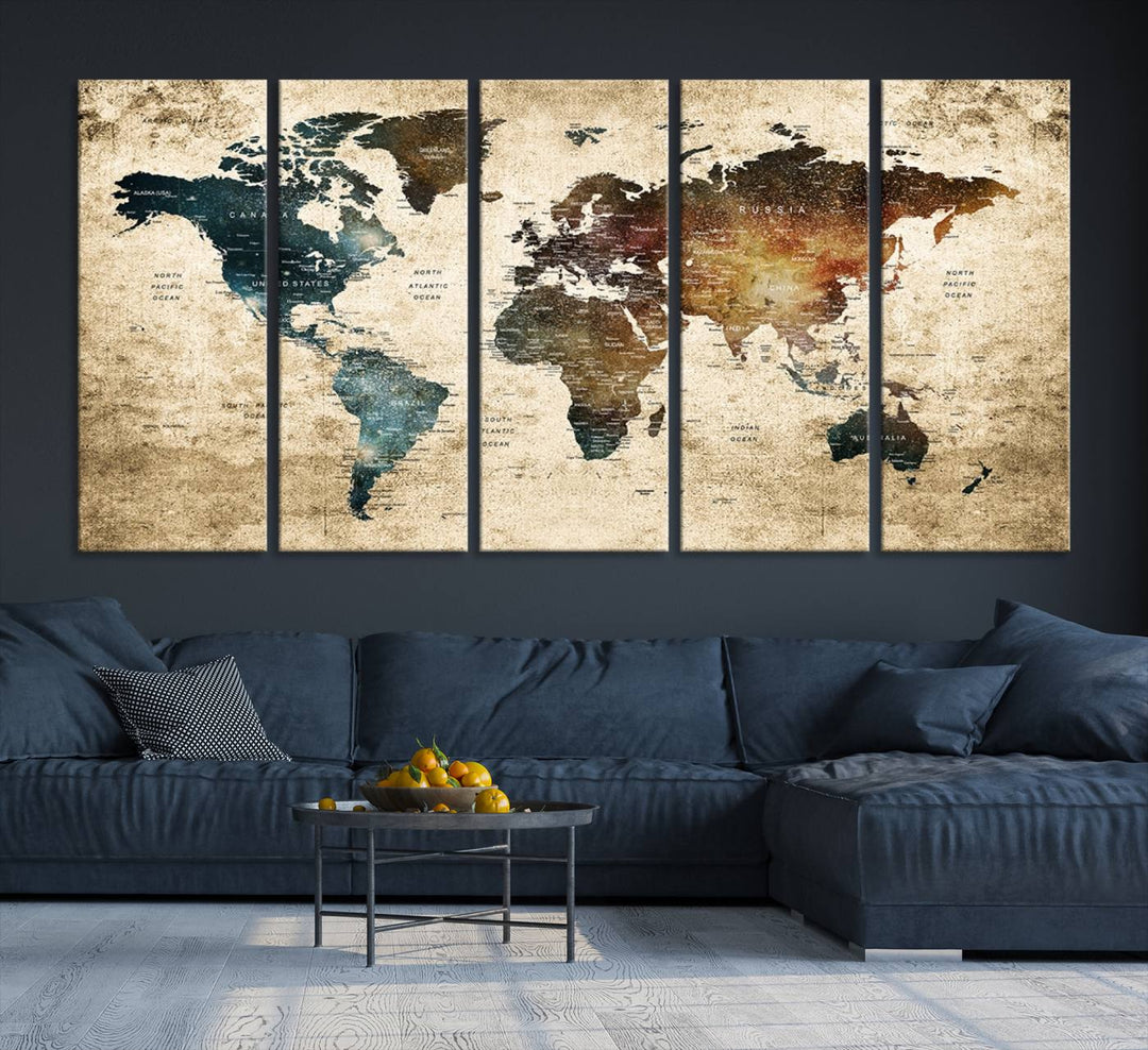 Vintage World Map Canvas Wall Art, perfect for antique-style decor, displayed against a light wood wall.