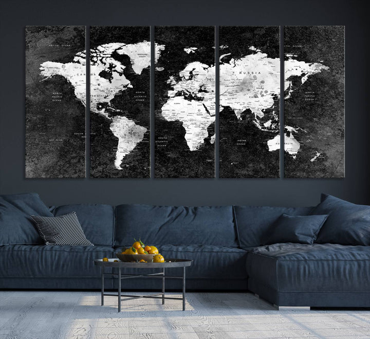 The dining room features a Modern Grayscale World Map 3-Panel Canvas Art as its focal point.