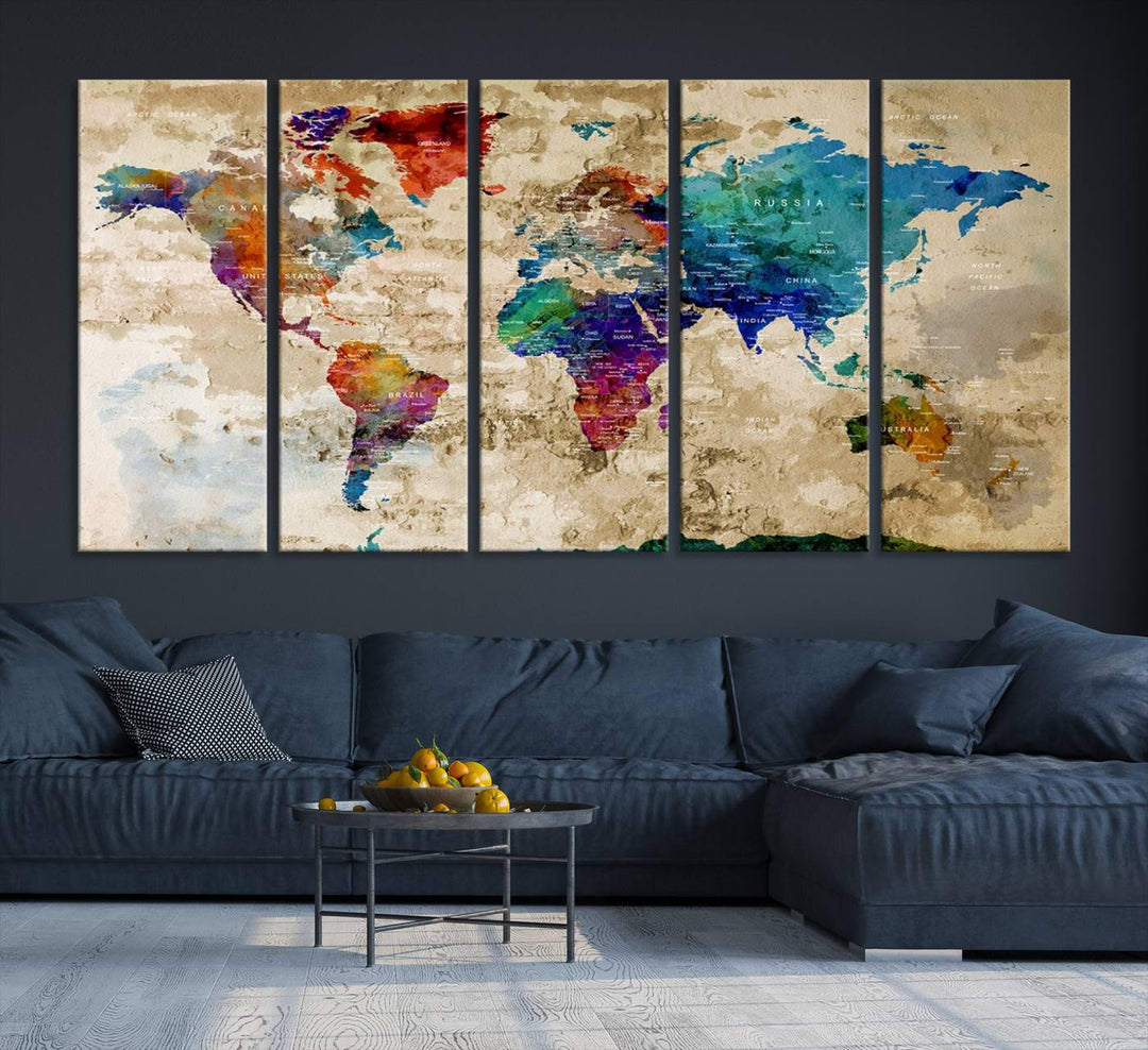 An Abstract Large Watercolor World Map Canvas Print hangs prominently.