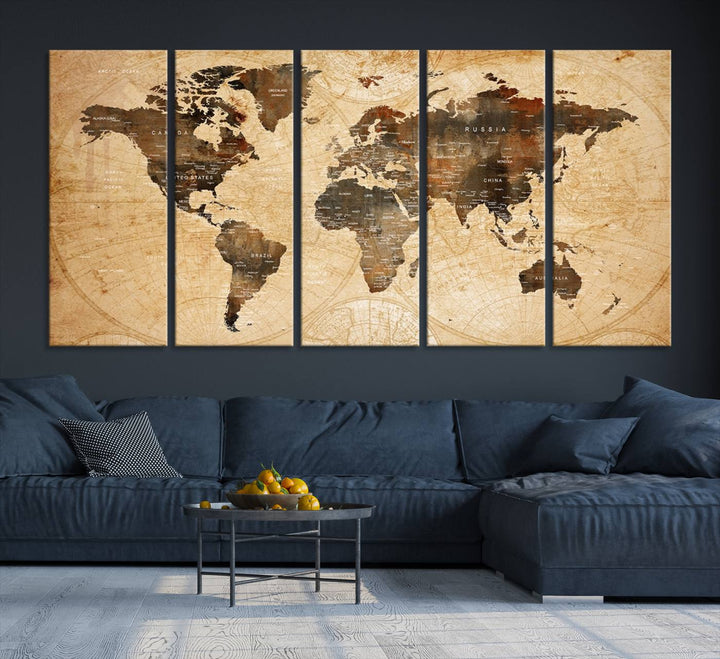 Vintage World Map: 3-Panel Canvas Print in antique rustic style. Framed and gallery wrapped. Ideal for decor.