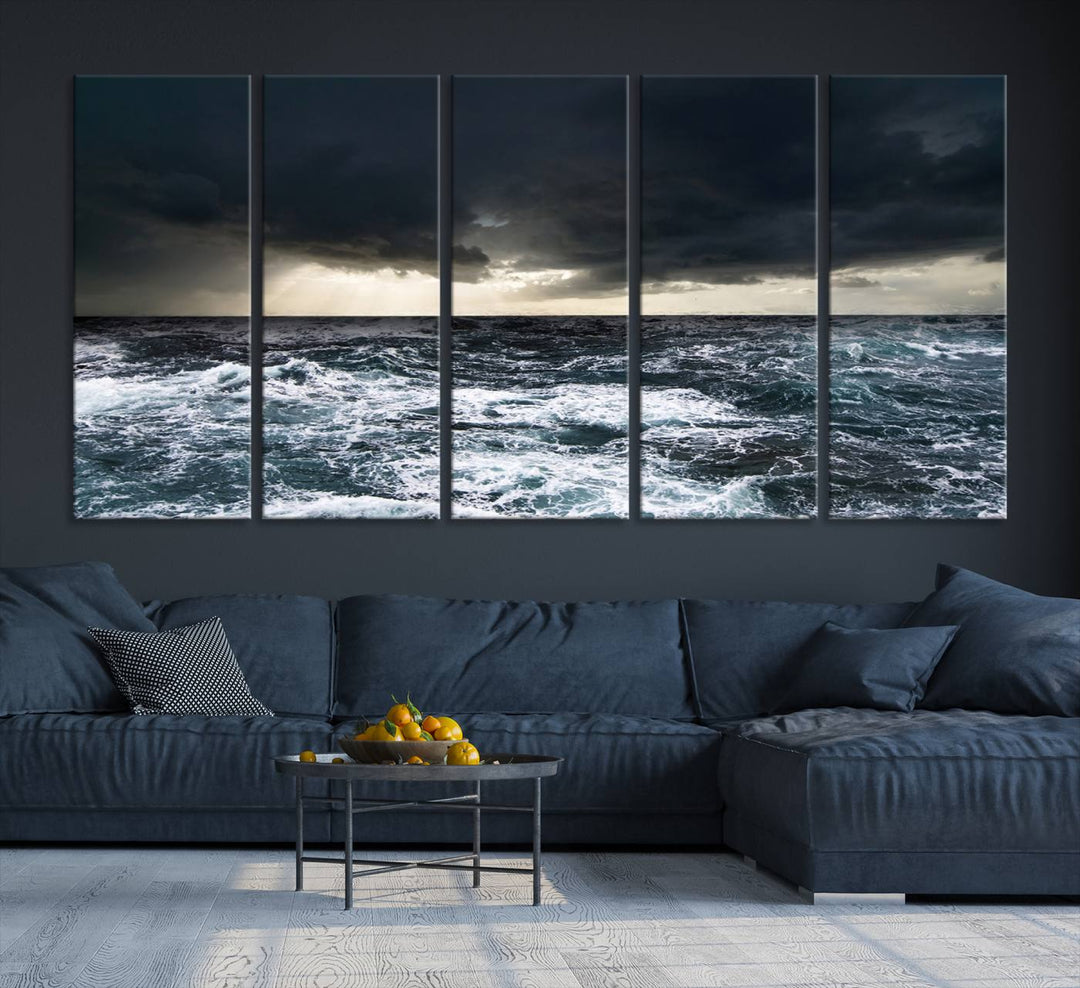 A Dark Clouds Stormy Sea canvas print, ready to hang, enhances the room.