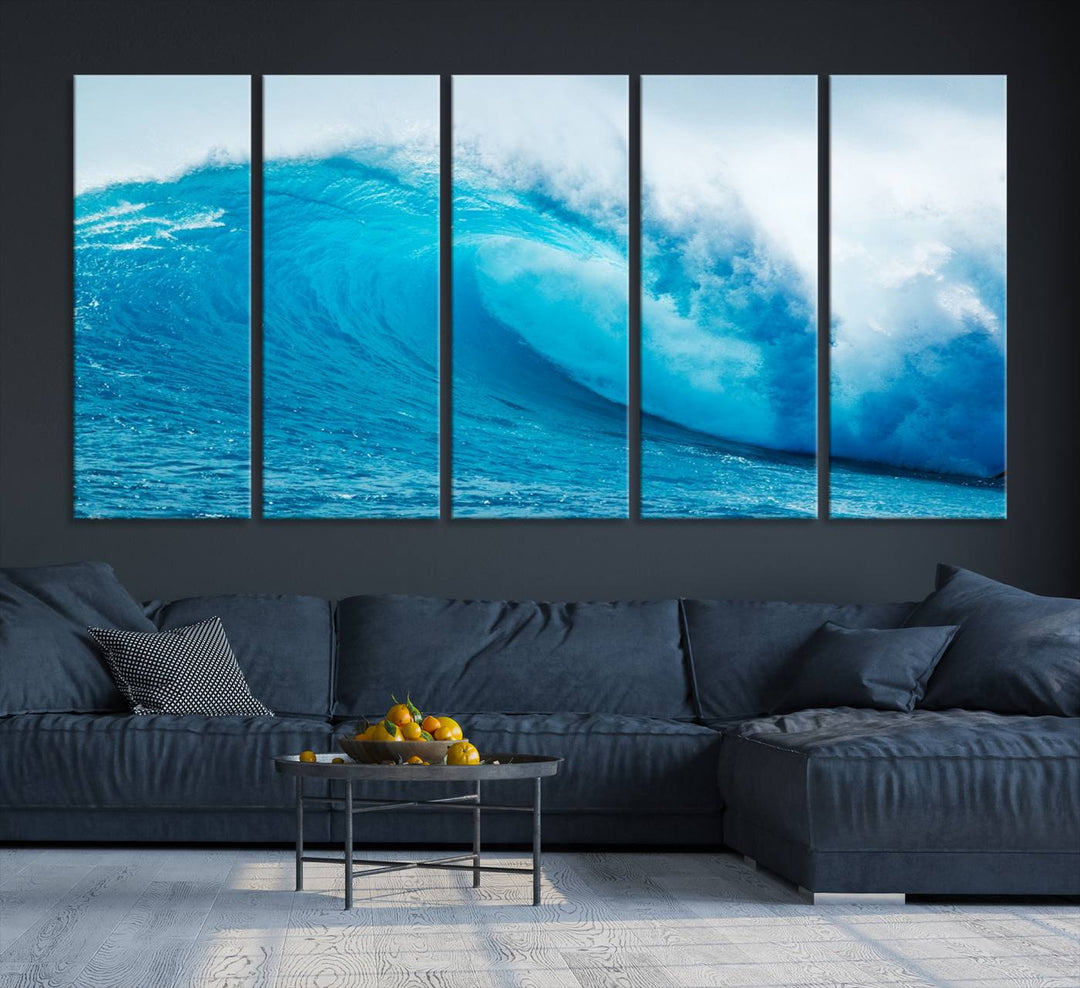 A museum-quality canvas depicting a vibrant blue ocean wave with white foam under a clear sky.