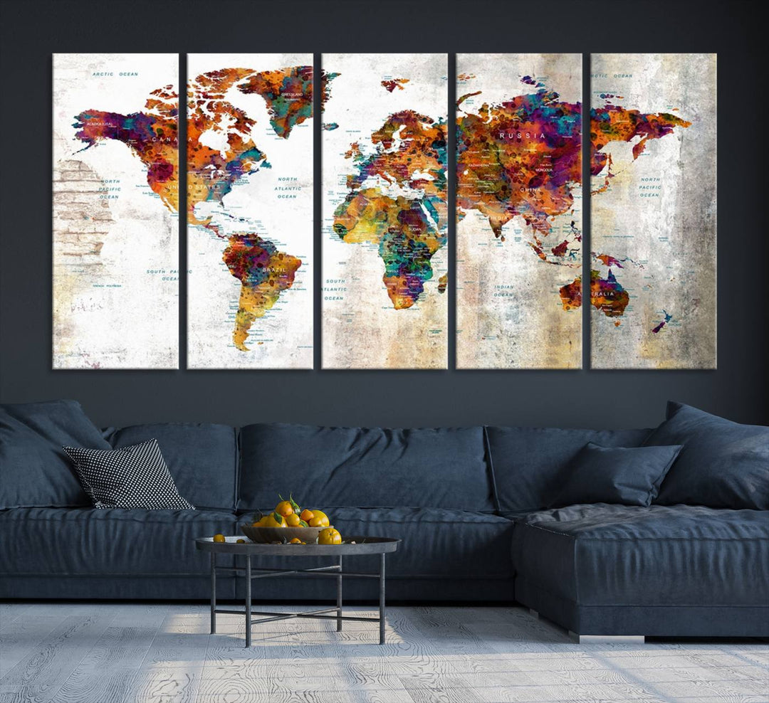 A vibrant Grunge Map Canvas Wall Art Set (3 Panels) for home or office decor, perfect for travel enthusiasts.