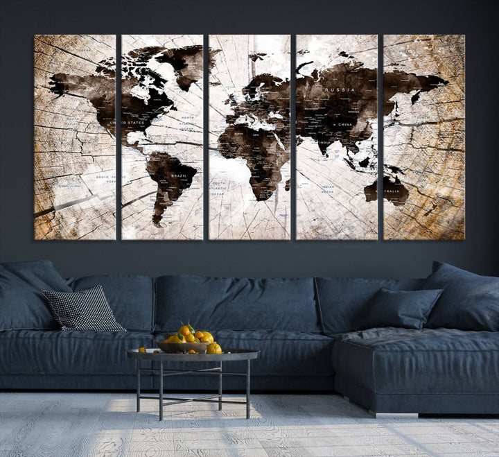 The Tree Ring World Map Canvas hangs above the table, blending into the nature-inspired setting.