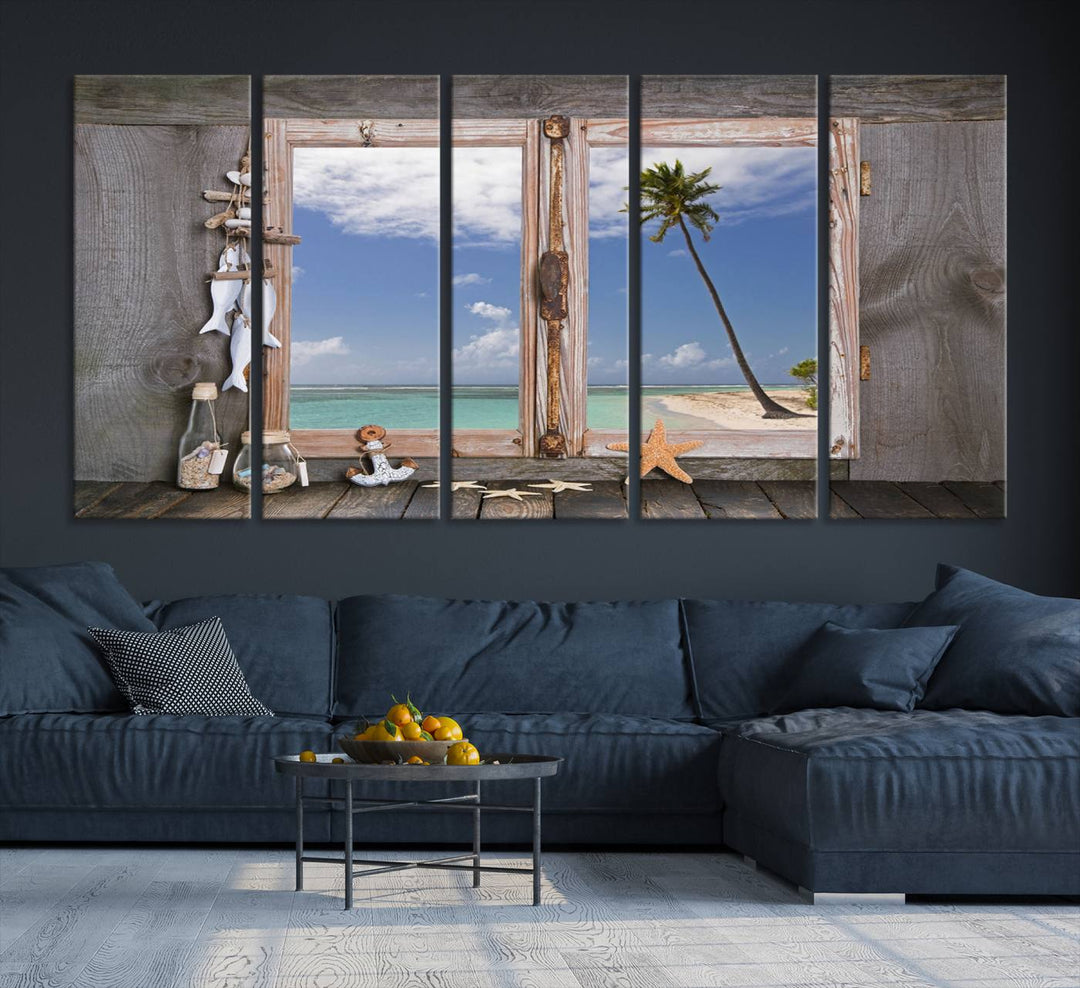 The Window Wall Art Relaxing Beach features seashells and a rustic window frame.