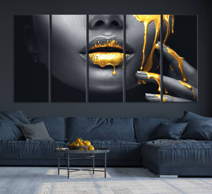 The Gold Lips and Black Woman Makeup Canvas Print features a chic monochrome face design, making it ideal for a modern dining room.