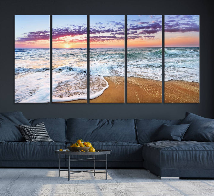 The Tropical Beach Waves Art Print, depicting an ocean sunset and sandy shore, enriches the coastal decor of the dining area.