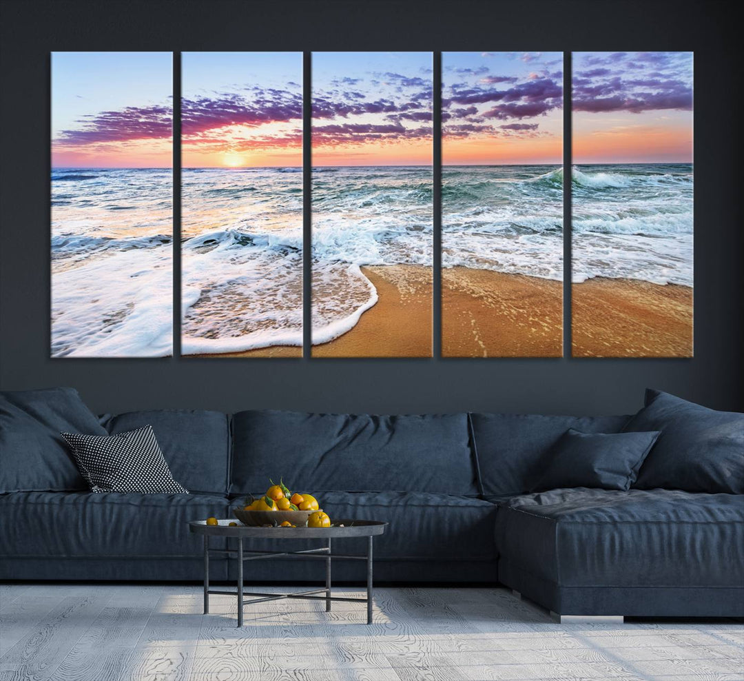 The Coastal Sunset Art Canvas Print features ocean waves beneath a vibrant sky in a stunning 3-panel seascape.