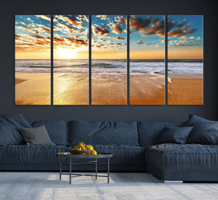 A gallery-wrapped canvas titled Soothing Sunset on Calm Beach is featured.