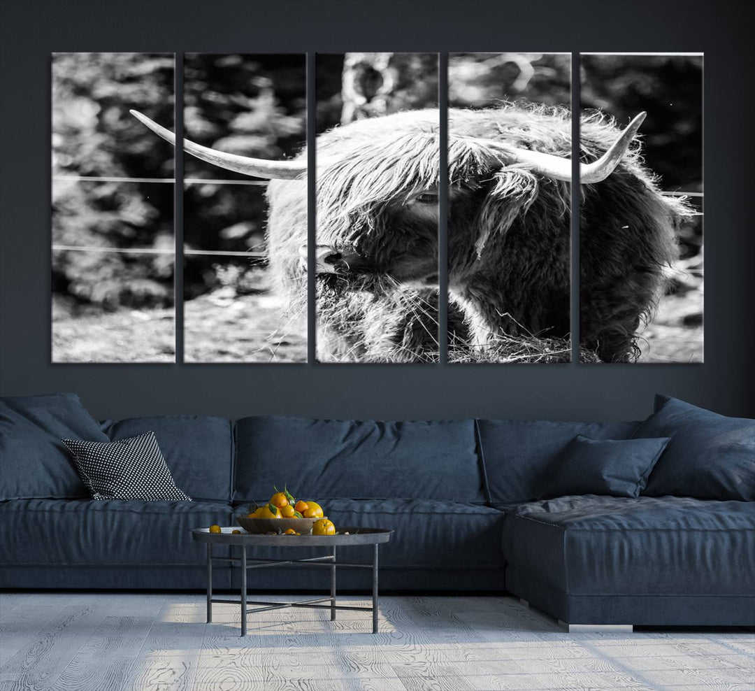 The black and white Highland Cow Canvas Wall Art adds farmhouse elegance to the space.