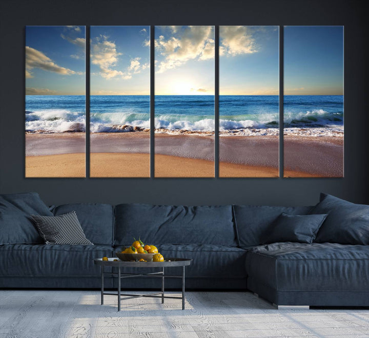 The dining room features a Coastal Tropical Beach Sunset canvas wall art.