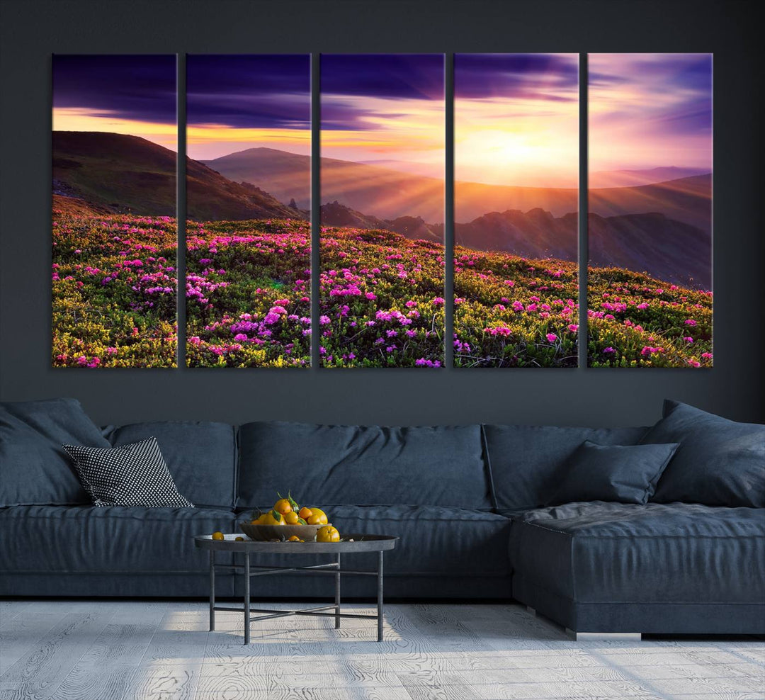 Gallery-wrapped wall art of a stunning mountain sunset and purple flowers.