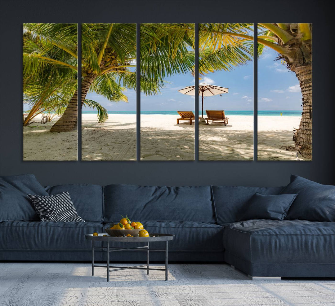 The canvas art print titled Lounge Chairs Palm Trees on Tropical Beach offers free shipping.