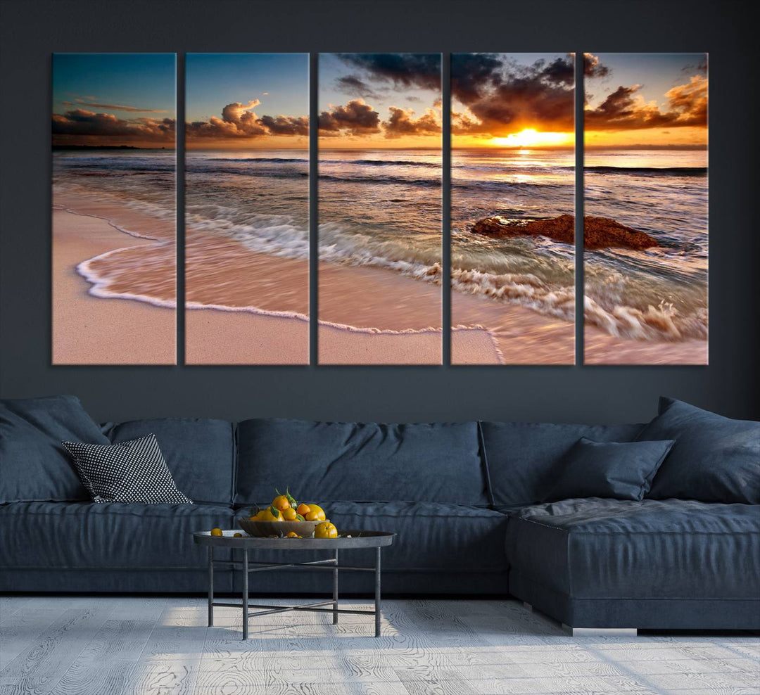 The Sunset on Ocean Wall Art Canvas Print beautifully captures a beach sunset, gentle waves, and a peaceful atmosphere.