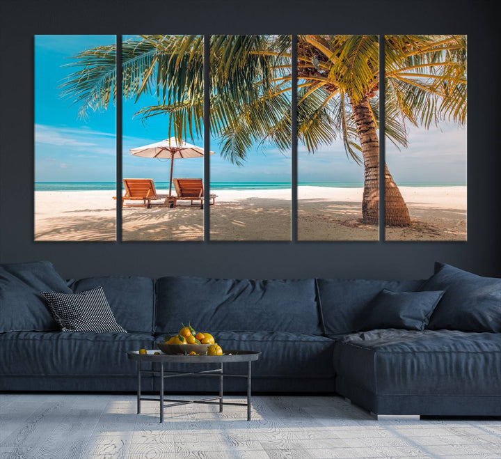 The 3-panel Tropical Beach Wall Art features palm trees and sun loungers, perfect for coastal decor.