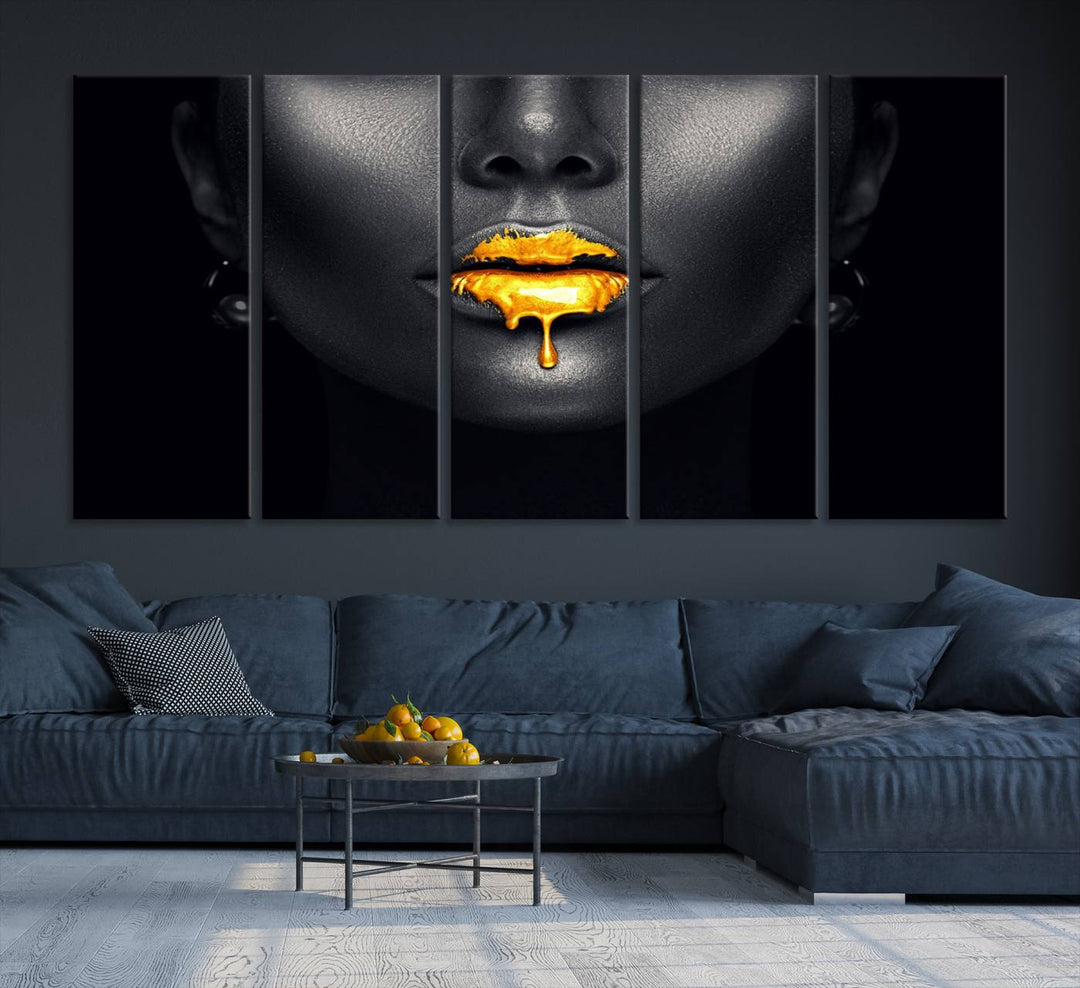 The Honey Gold Lips and Black Woman Photograph canvas print adds a striking touch to the room.