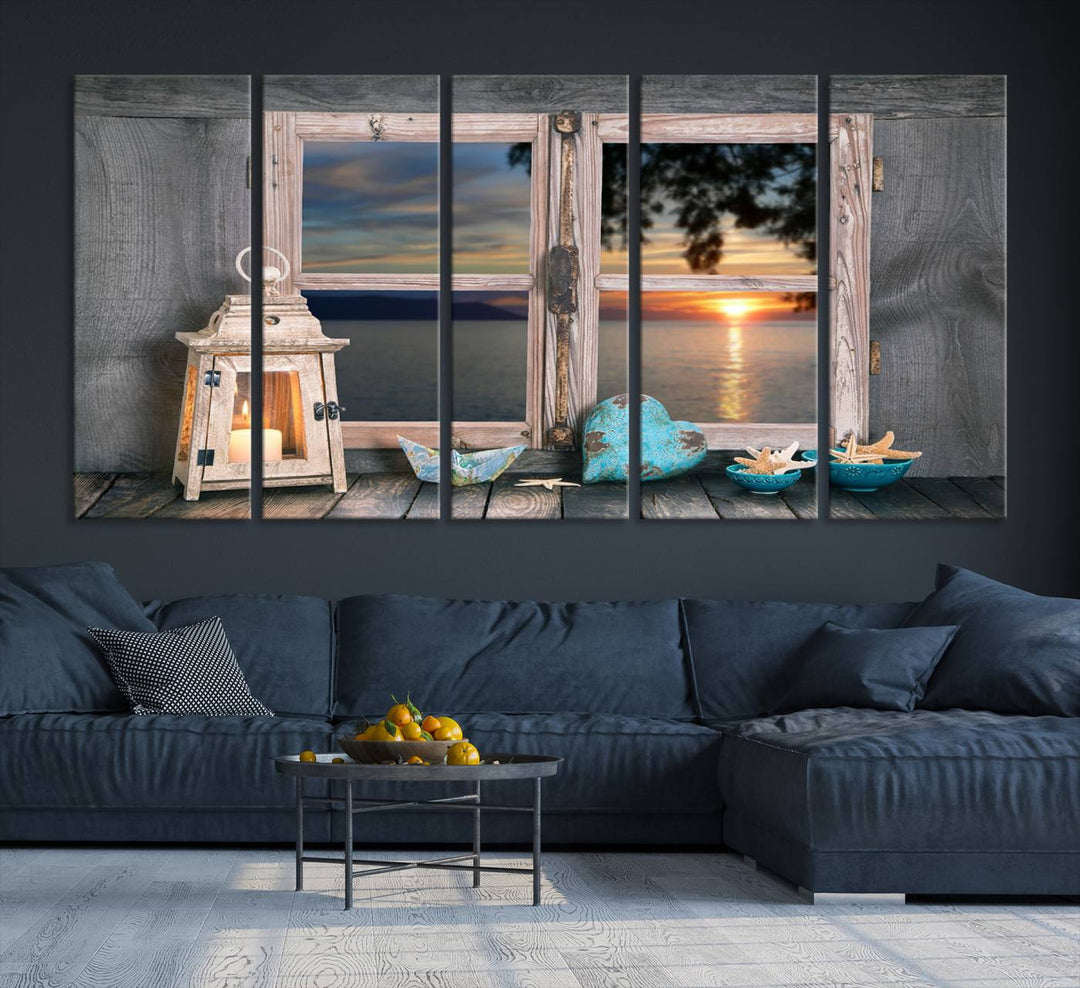 The Astonishing Sunset from the Window canvas print beautifully captures a sea view, accompanied by a lantern and starfish.