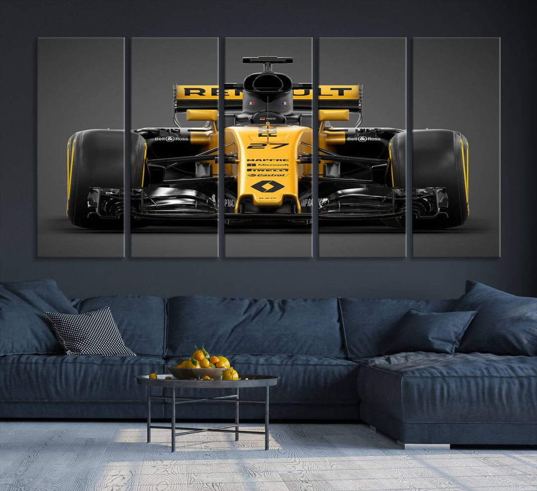 A yellow and black F1 Renault car canvas print with free shipping.