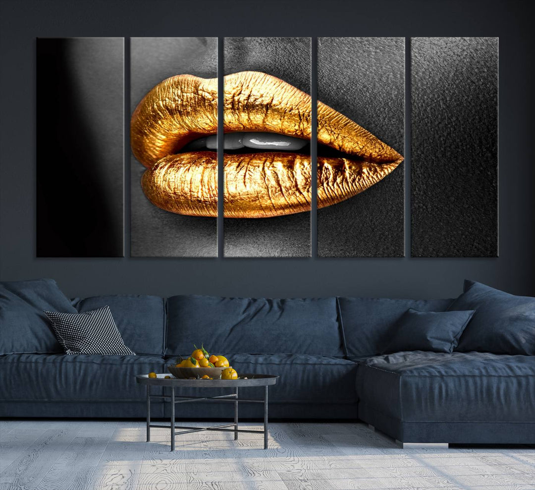 The Gold Lips Canvas Wall Art on a black background is showcased.