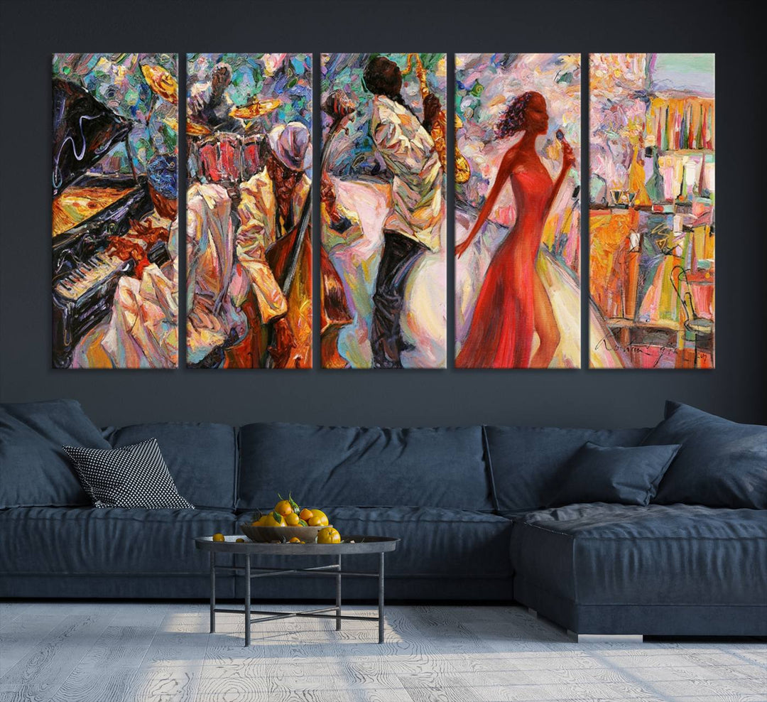 A vibrant 3-panel Afro Jazz band art is displayed prominently.