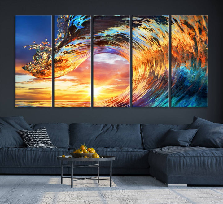 Wave Canvas Wall Art: A multi-panel sunset ocean scene that adds vibrant decor to any space.