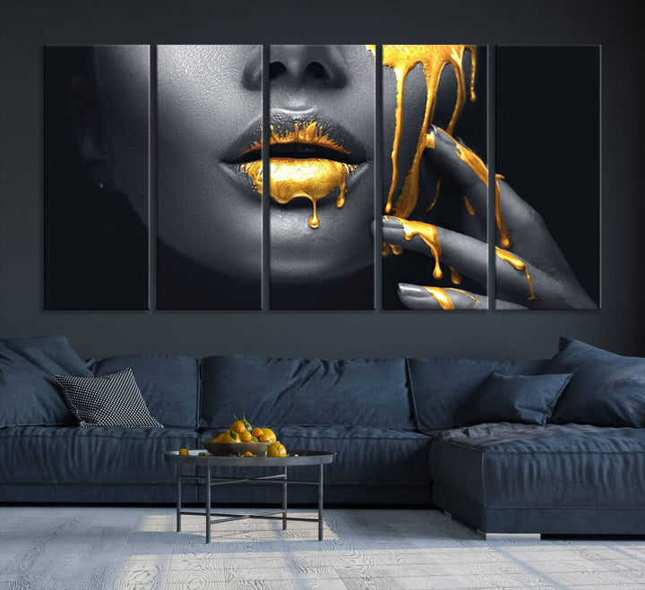 Above the dining area is the Gold Glitter Lips Fashion Makeup canvas wall art.