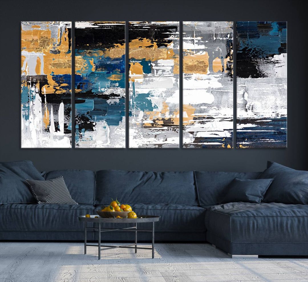 Blue and Gold Abstract Canvas Wall Art hangs prominently.